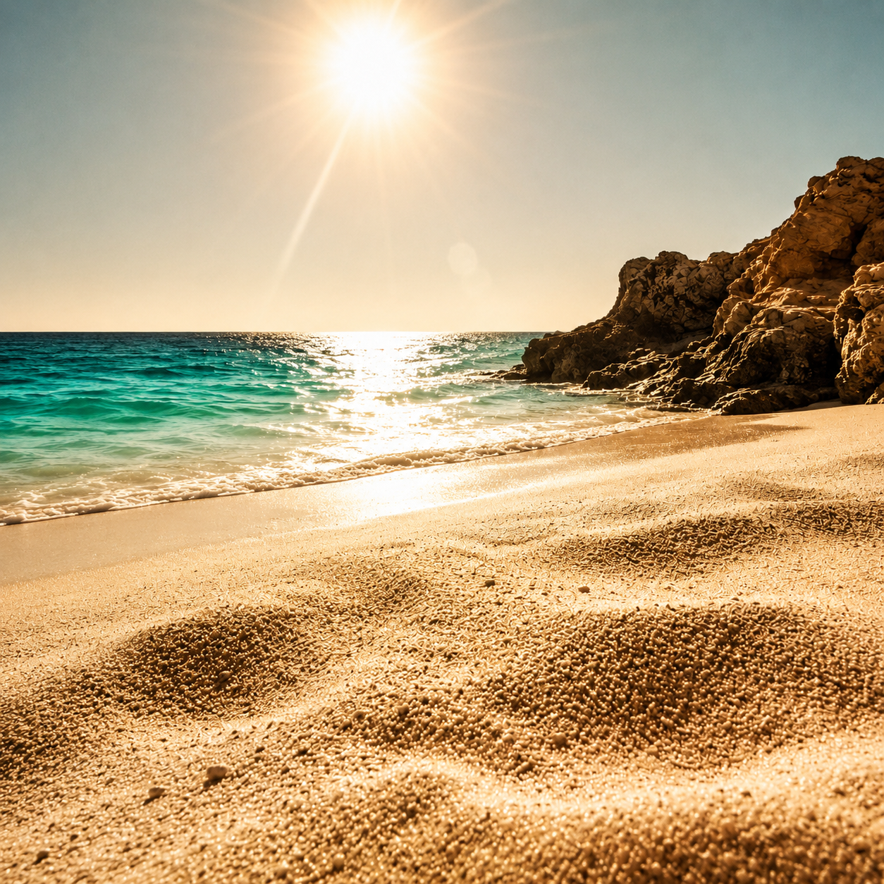 A sunlit beach and rocky shoreline