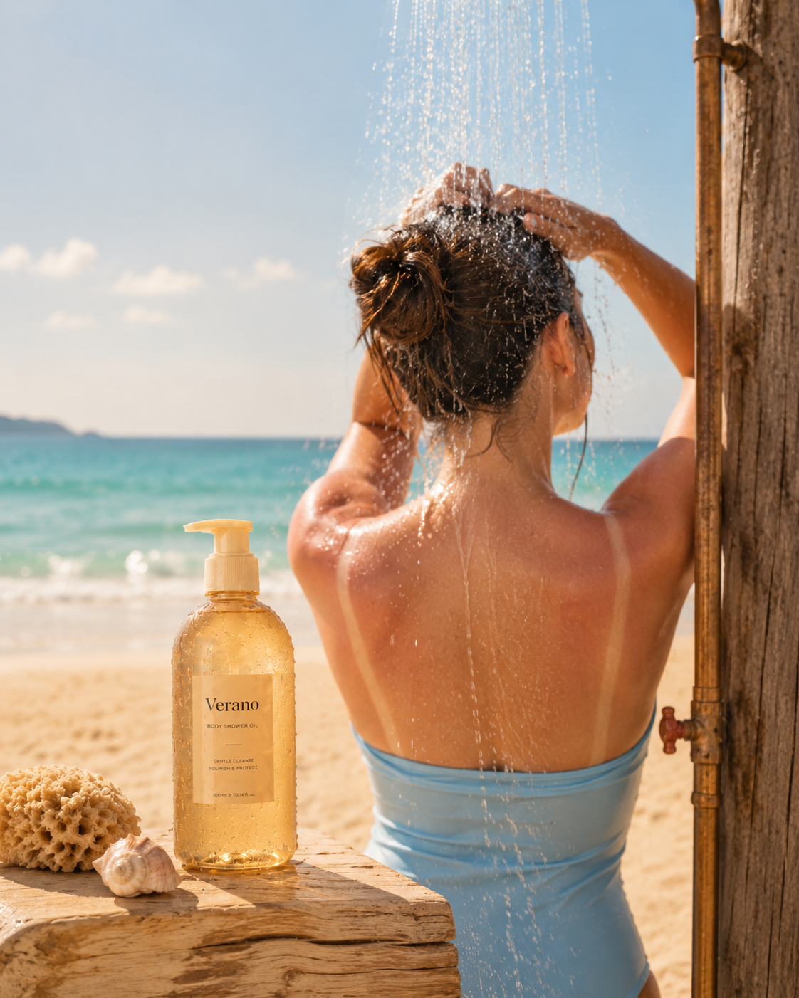 A woman using MERLEA shower oil at a beachside shower