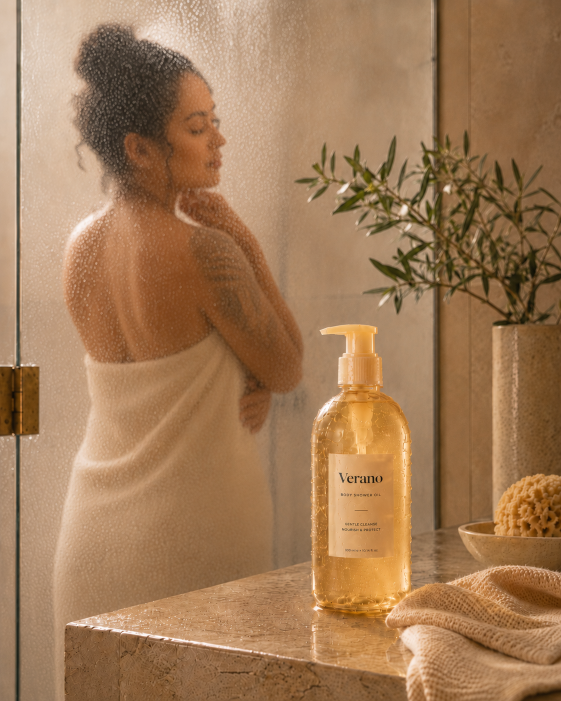 MERLEA shower oil in a warm indoor shower setting